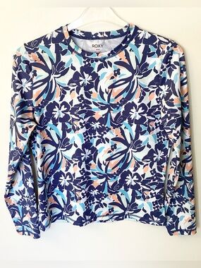 Roxy Long Sleeve Sea Skippin Floral Print Rash Guard - Blue - M